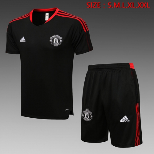2021-2022 Manchester United Black Shorts-Sleeve Thailand Soccer Tracksuit Uniform-815