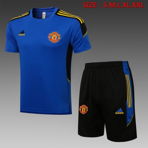 UEFA Champions League 2021-2022 Manchester United Blue Shorts-Sleeve Thailand Soccer Tracksuit Uniform-815
