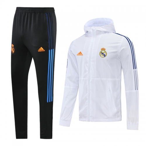 2021-2022 Real Madrid White Thailand Soccer Windbreaker Uniform With Hat-LH