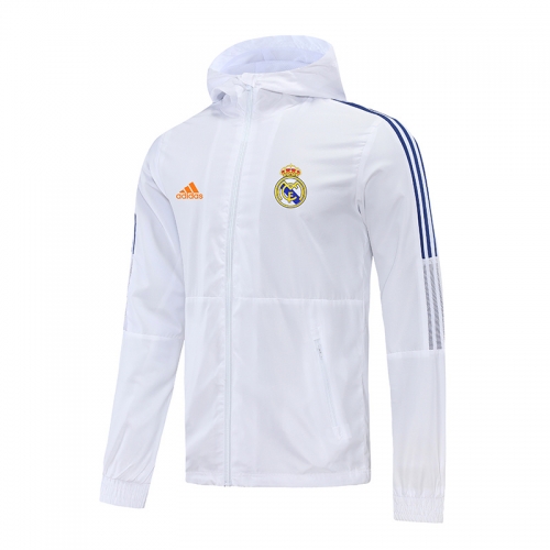 2021-2022 Real Madrid White Thailand Soccer Windbreaker Top With Hat-LH