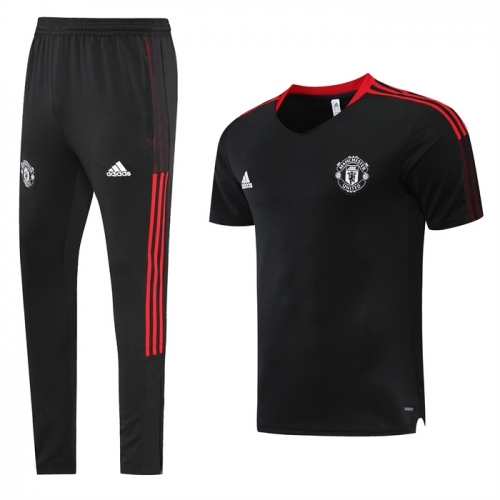 2021-2022 Manchester United Black With White logo Shorts-Sleeve Thailand Soccer Tracksuit Uniform-LH