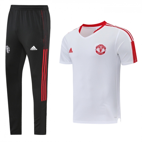 2021-2022 Manchester United White With Red logo Shorts-Sleeve Thailand Soccer Tracksuit Uniform-LH