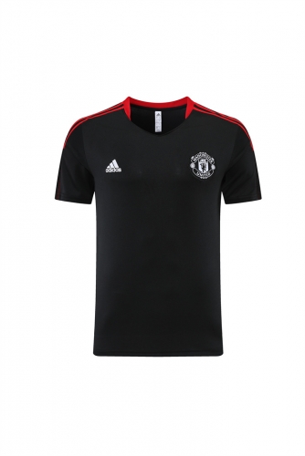 2021-2022 Manchester United Black With White logo Shorts-Sleeve Thailand Soccer Tracksuit-LH