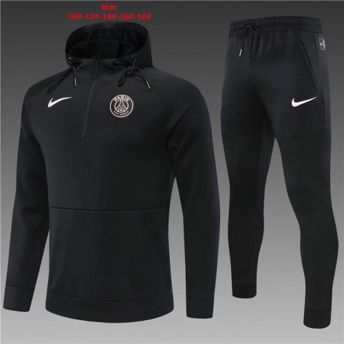 2021-22 Paris SG Black Thailand Youth/Kids Soccer Tracksuit Uniform With Hat-801