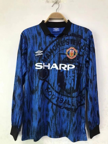 92-93 Retro Version Manchester United Away Blue & Black LS Thailand Soccer Jersey AAA-2011