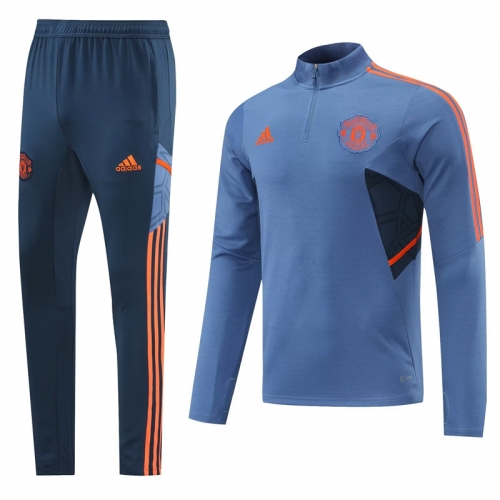 2022/23 Manchester United Blue & Gray Thailand Soccer Tracksuit Uniform-LH