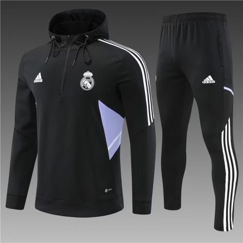2022/23 Real Madrid Black Thailand Tracksuit Uniform With Hat-801