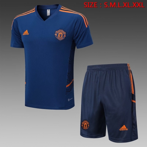 2022/23 Manchester United Blue Shorts-Sleeve Thailand Soccer Tracksuit Uniform-815