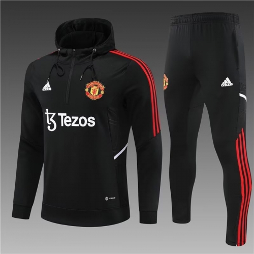 2022/23 Man United Black Thailand Tracksuit Uniform With Hat-801