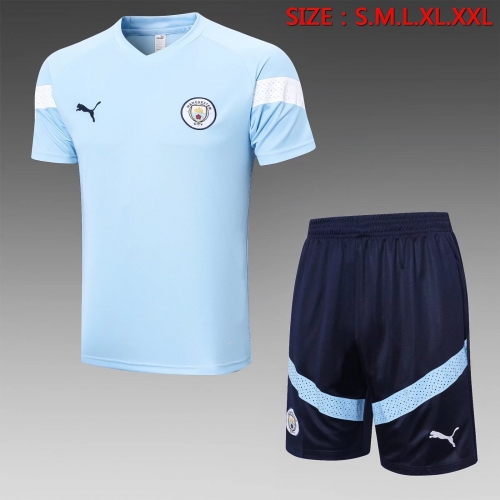 2022/23 Manchester City Blue Shorts-Sleeve Thailand Tracksuit Uniform-815
