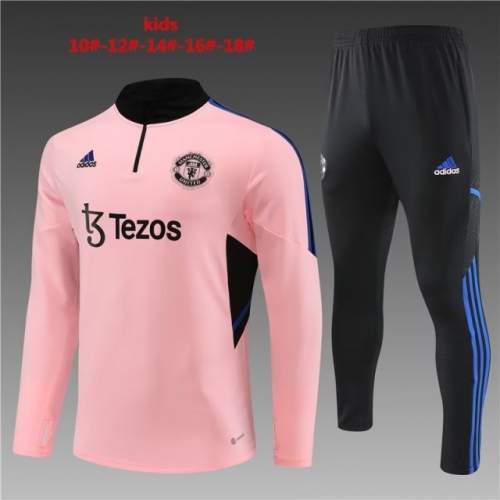 Kids 2022/23 Manchester United Pink Low Collar Kids/Youth Thailand Tracksuit Uniform-801