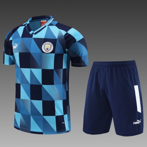 2023/24 Manchester City Black & Blue Shorts-Sleeve Thailand Tracksuit Uniform-PO