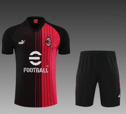 2023/24 AC Milan Black & White Shorts-Sleeve Soccer Tracksuit Uniform-PO