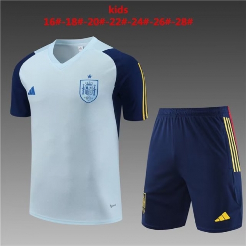 2023/24 Kids/Youth Spain Light Blue Shorts-Sleeve Thailand Soccer Tracksuit Uniform-801