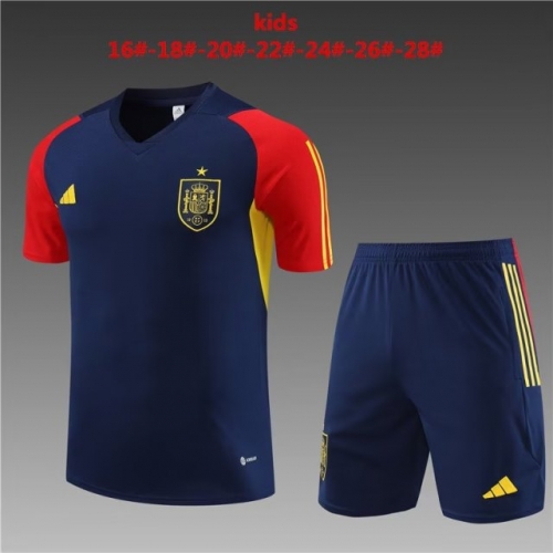 2023/24 Kids/Youth Spain Royal Blue Shorts-Sleeve Thailand Soccer Tracksuit Uniform-801