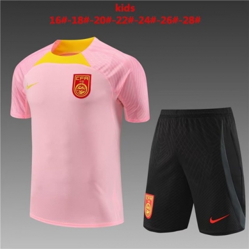 2023/24 Kids/Youth China PR Pink Shorts-Sleeve Thailand Soccer Tracksuit Uniform-801