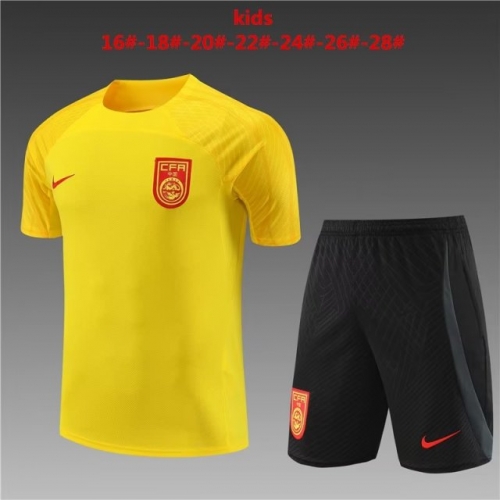 2023/24 Kids/Youth China PR Yellow Shorts-Sleeve Thailand Soccer Tracksuit Uniform-801