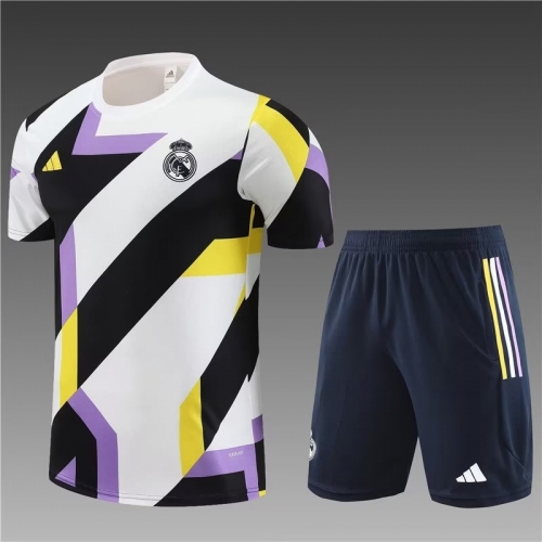 2023/24 Real Madrid WhIte & Purple Shorts-Sleeve Kids/Youth Soccer Tracksuit Uniform-801
