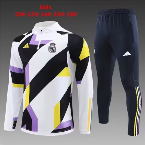 2023/24 Real Madrid White & Purple Shorts-Sleeve Kids/Youth Soccer Tracksuit Uniform-801