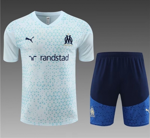 2023/24 Olympique Marseille Light Blue Shorts-Sleeve Thailand Soccer Tracksuit Uniform-801