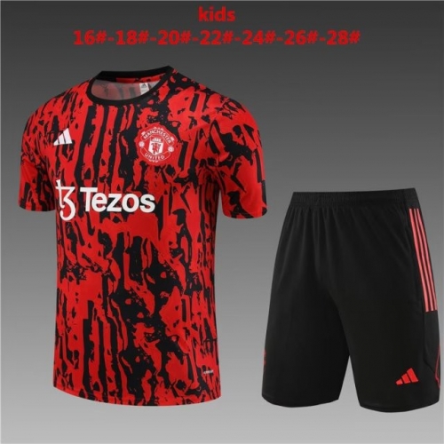 Kids 2023/24 Manchester United Black & Red Shorts-Sleeve Kids/Youth Thailand Tracksuit Uniform-801