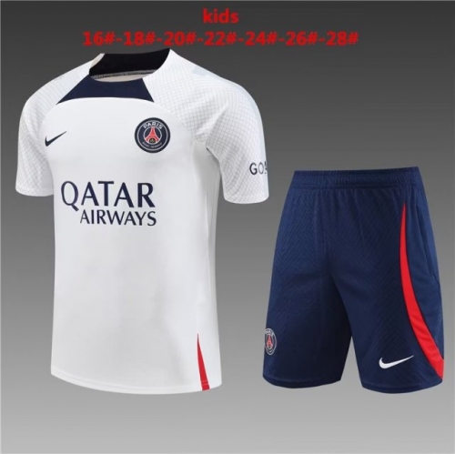 2023/24 Paris SG White Shorts-Sleeve Kids/Youth Thailand Soccer Tracksuit Uniform-801