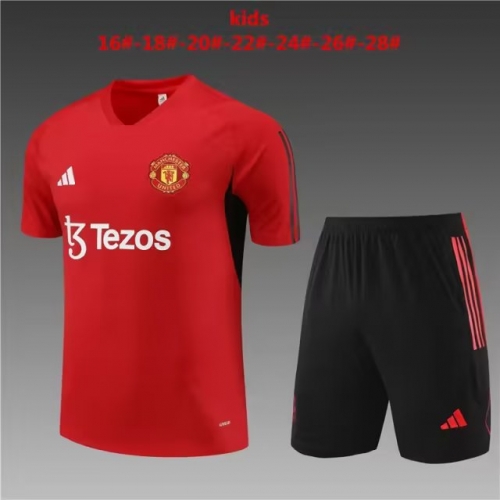 Kids 2023/24 Manchester United Red Shorts-Sleeve Kids/Youth Thailand Tracksuit Uniform-801