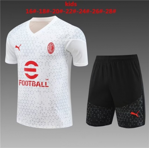 2023/24 AC Milan White Shorts-Sleeve Kids/Youth Soccer Tracksuit Uniform-801
