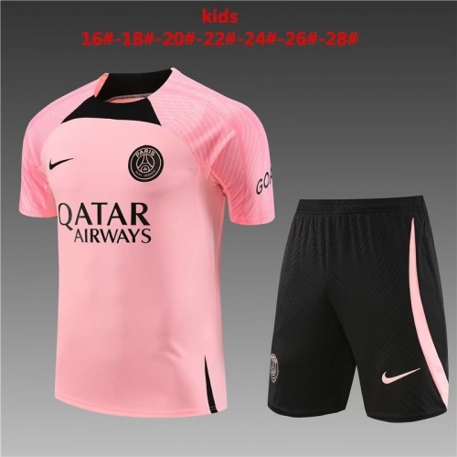 2023/24 Paris SG Pink Shorts-Sleeve Kids/Youth Thailand Soccer Tracksuit Uniform-801