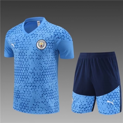 2023/24 Manchester City Blue Shorts-Sleeve Thailand Tracksuit Uniform-801