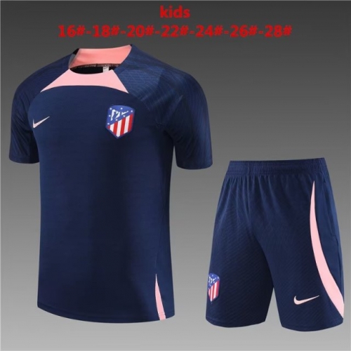 2023/24 Atletico Madrid Royal Blue Shorts-Sleeve Kids/Youth Thailand Soccer Tracksuit Uniform-801