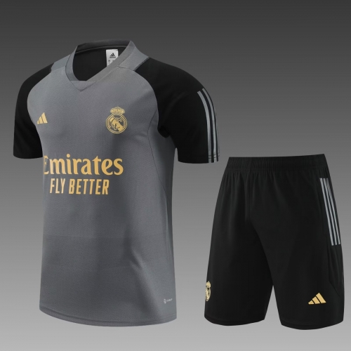 2023/24 Real Madrid Gray Shorts-Sleeve Soccer Tracksuit Uniform-PO