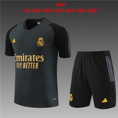 2023/24 Real Madrid Dark Gray Shorts-Sleeve Kids/Youth Soccer Tracksuit Uniform-801