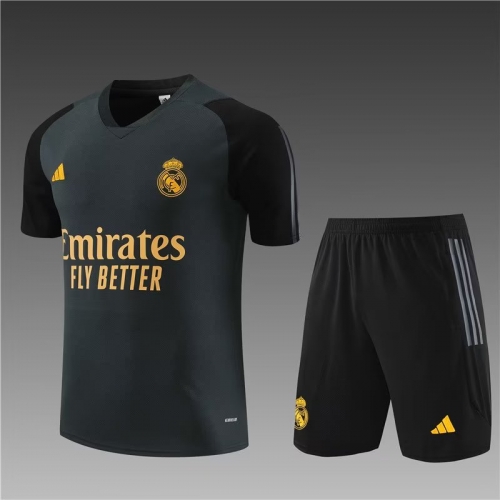 2023/24 Real Madrid Dark Green Shorts-Sleeve Soccer Tracksuit Uniform-801