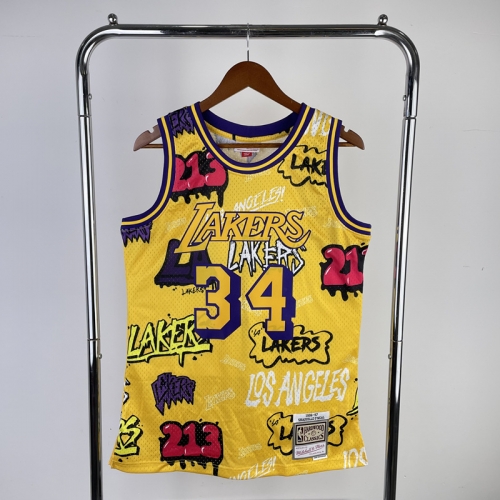 MN Hot Press SW Retro 96-97 NBA Los Angeles Lakets Yellow #34 Jersey-311