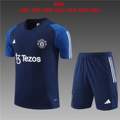 Kids 2023/24 Manchester United Royal Blue Shorts-Sleeve Kids/Youth Thailand Tracksuit Uniform-801