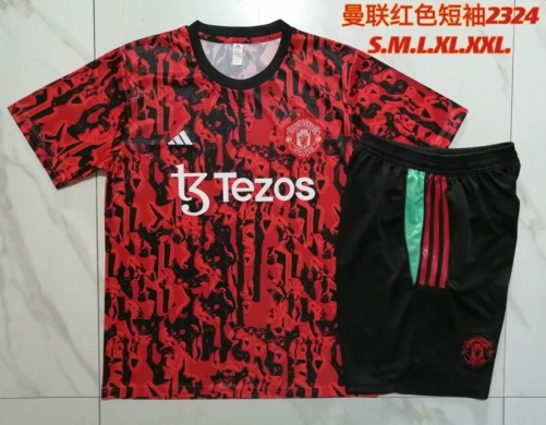 2023/24 Manchester United Red & Black Shorts-Sleeve Thailand Tracksuit Uniform-815