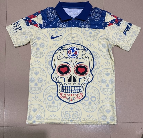 Special Version With Adv Club América Light Yellow & Blue Thailand Soccer Jersey AAA-912/07