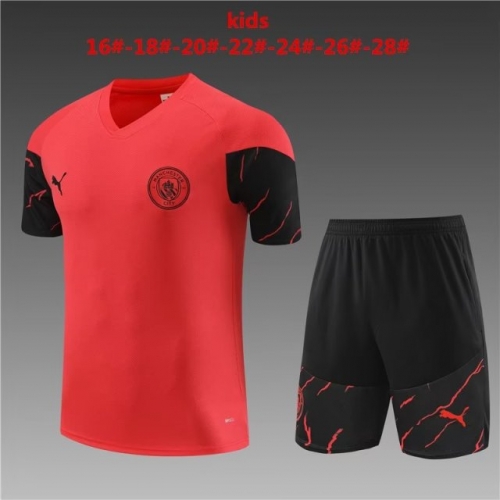 2023/24  Manchester City Red Shorts-Sleeve Kids/Youth Soccer Tracksuit Uniform-801