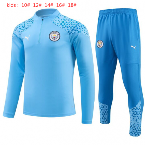 2023/24 Manchester City Blue Shorts-Sleeve Kids/Youth Soccer Tracksuit Uniform-GDP