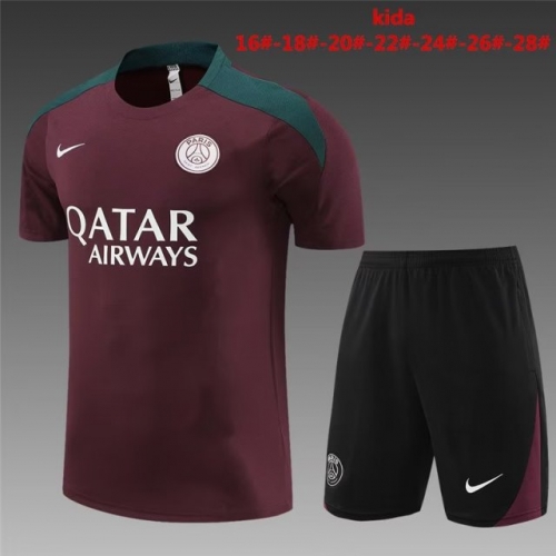 2023/24 Paris SG Maroon Shorts-Sleeve Kids/Youth Thailand Soccer Tracksuit Uniform-801