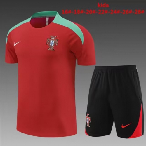 2023/24 Portugal Red Shorts-Sleeve Kids/Youth Thailand Soccer Tracksuit Uniform-801