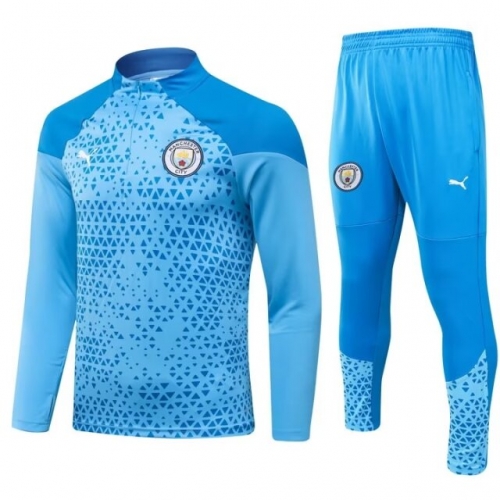 2023/24 Manchester City Blue Shorts-Sleeve Kids/Youth Soccer Tracksuit Uniform-GDP/411