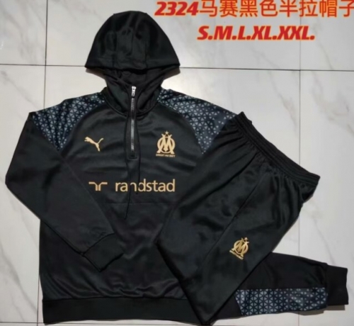 2023/24 Olympique Marseille Black Thailand Soccer Tracksuit Uniform With Hat-815