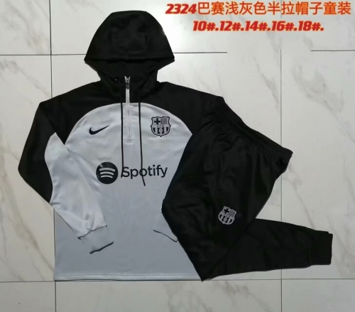 2023/24 Barcelona Light Gray Kids/Youth Thailand Soccer Tracksuit Uniform With Hat-815