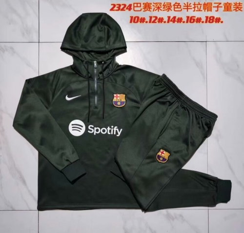 2023/24 Barcelona Dark Green Kids/Youth Thailand Soccer Tracksuit Uniform With Hat-815