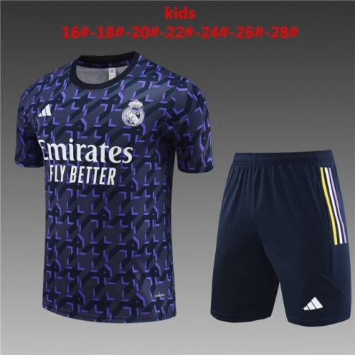 Kids 2023/24 Real Madrid Royal Blue Shorts-Sleeve Kids/Youth Soccer Tracksuit Uniform-801