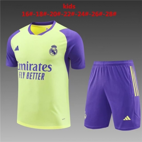 Kids 2023/24 Real Madrid Light Yellow Shorts-Sleeve Kids/Youth Soccer Tracksuit Uniform-801