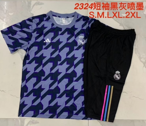 2023/24 Real Madrid Royal Blue Shorts-Sleeve Soccer Tracksuit Uniform-815