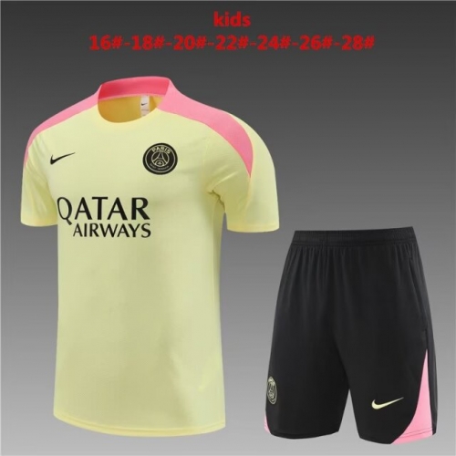 Kids 2024/25 Paris SG Light Yellow Shorts-Sleeve Kids/Youth Thailand Soccer Tracksuit Uniform-801